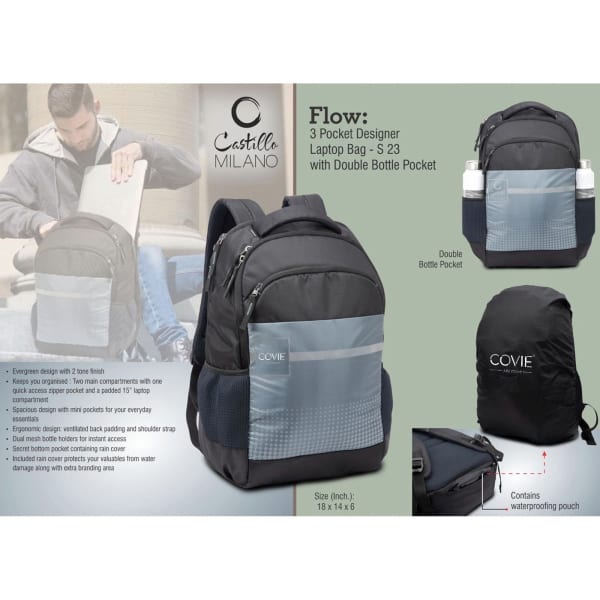 Flow 3 Pocket design Laptop bag with double bottle pocket with rain cover