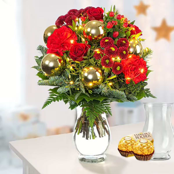 Flower Bouquet Shiny with X-Mas lights and with vase and 2 Ferrero Rocher