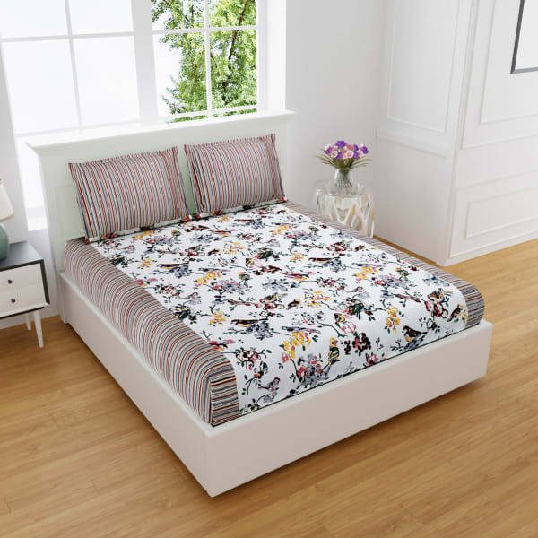 Flowers And Birds Print Cotton Double Bedsheet