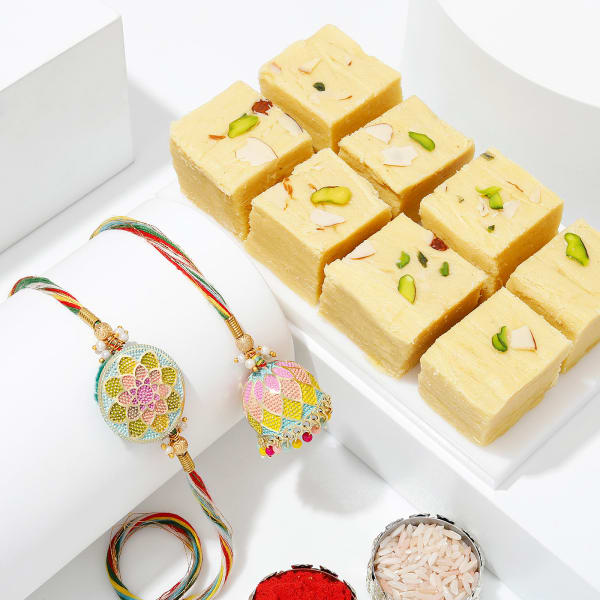 Fluorescent Bhaiya Bhabhi Rakhi With Soan Papdi