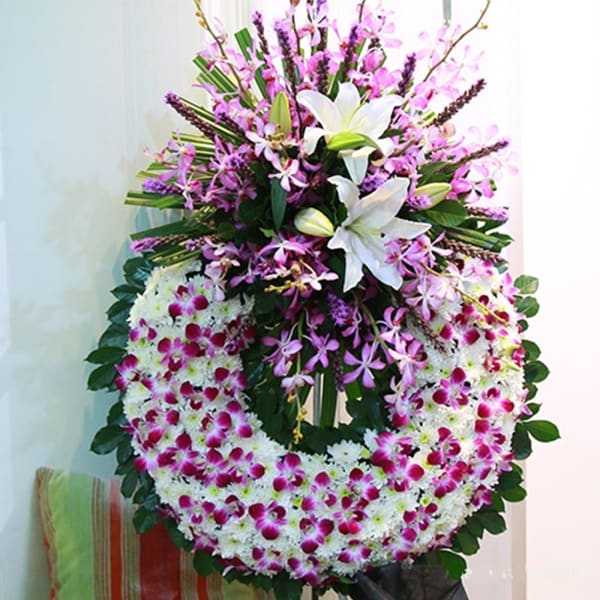 Funeral wreath purple & white