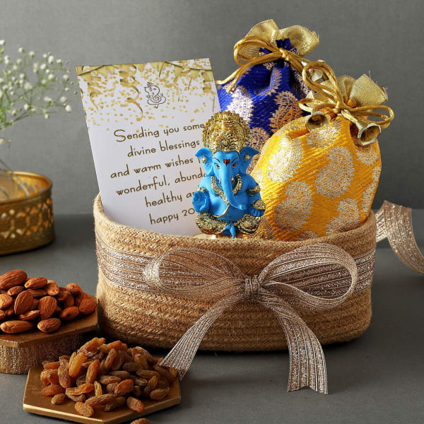 Ganesha Idol With Dry Fruits In New Year Gift Basket