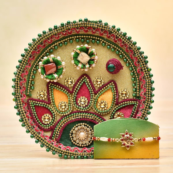Ganesha Metallic Beaded Rakhi With Decorated Pooja Thali Gift