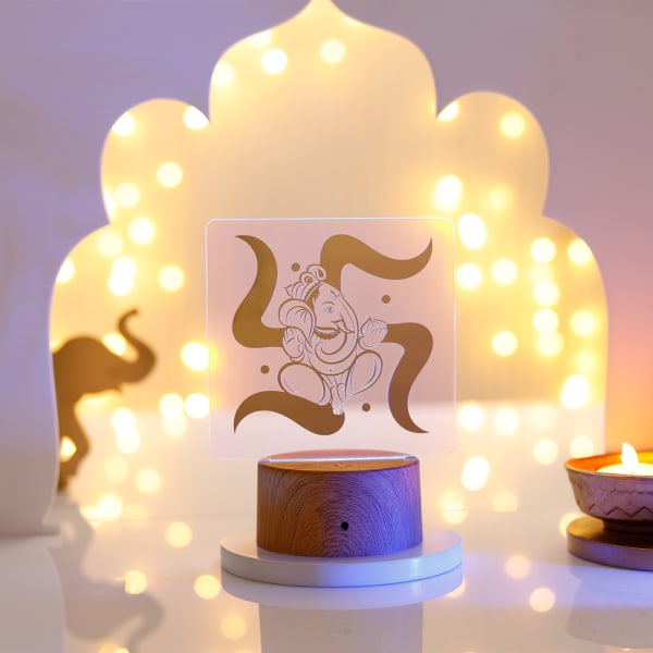 Ganesha With Swastik Wooden Base LED Lamp