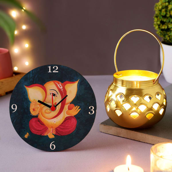 Ganesha Wooden Table Clock With Metal Lantern