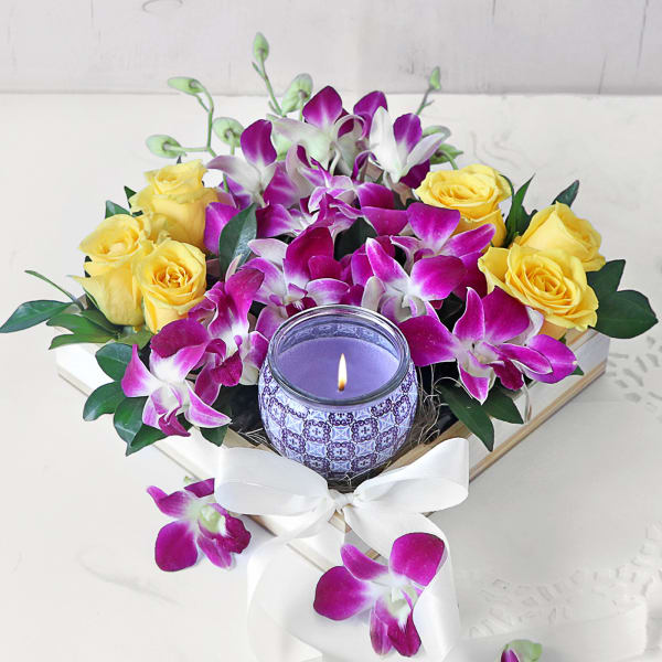 Gift Hamper With Mixed Flowers & Scented Candles