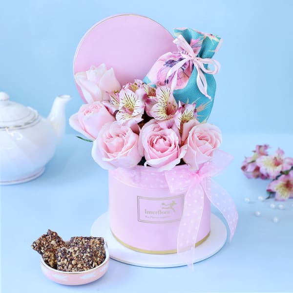 Gift Hamper with Pink Roses and Almond Treats