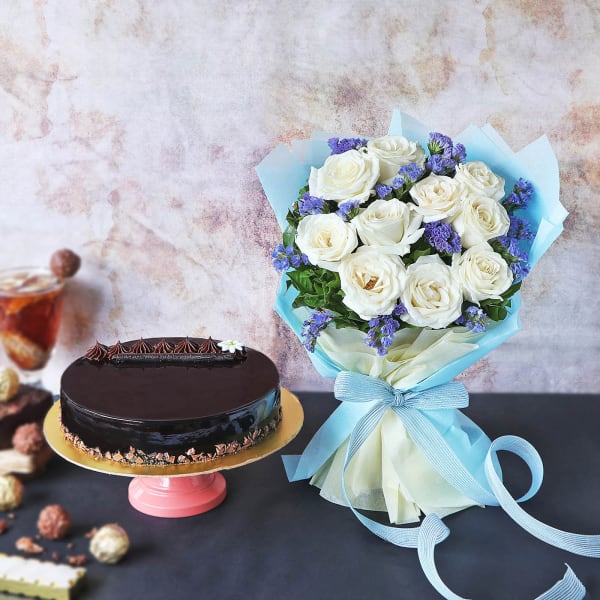 Gift Hamper with White Roses and Chocolate Cake