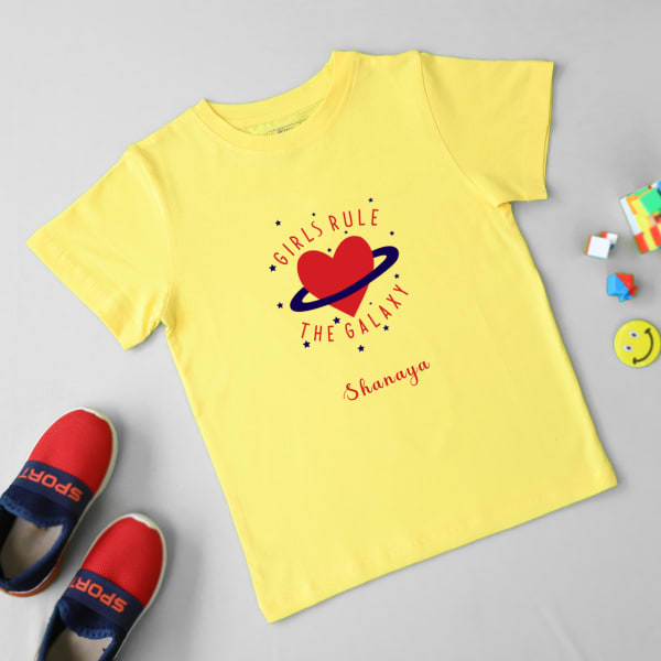Girls Rule the Galaxy Personalized T-Shirt for Kids - Yellow