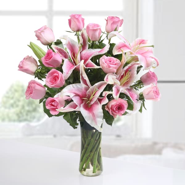 Glass Vase of 13 Pink Roses & 3 Lilies