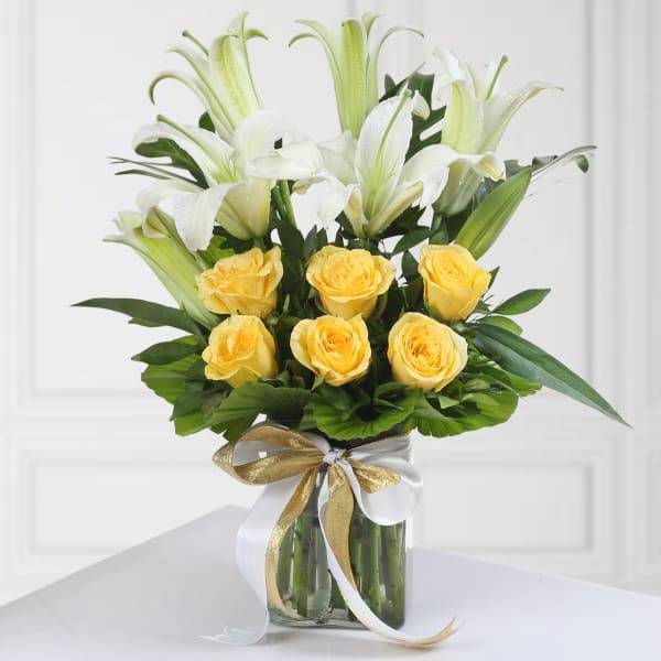 Glass Vase of 6 Yellow Roses & 2 Lilies with Matching Ribbon