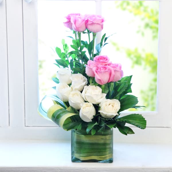 Glass Vase with Pink & White Roses