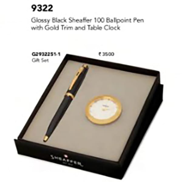 Glossy Black Sheaffer 100 Ballpoint Pen with Gold Trim and Table Clock