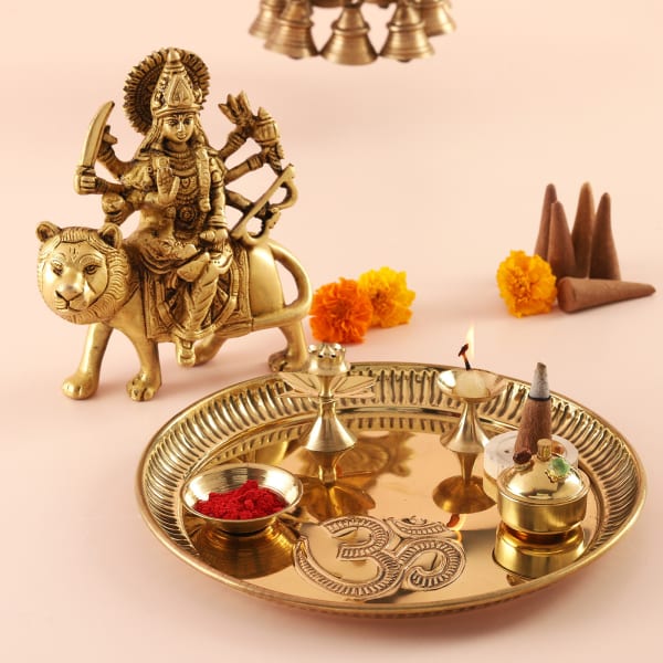 Goddess Brass Durga Maa Idol with Puja Thali