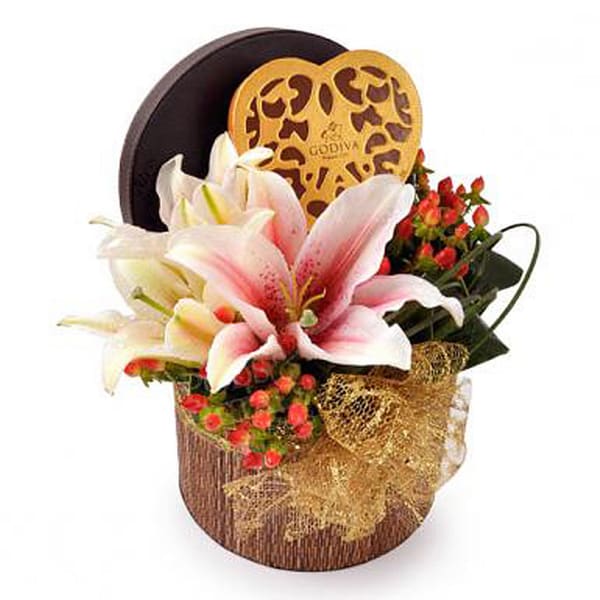 Godiva Heart - Chocolate with Lilies Floral Bouquet