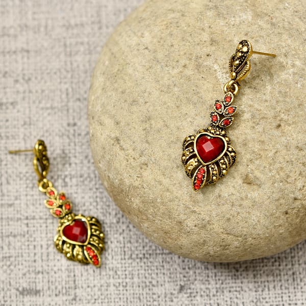 Gold Oxidised Heart Shaped Red Stone Earrings for Women