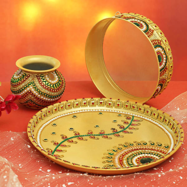 Gold Plated Designer Karwa Chauth Thali Set
