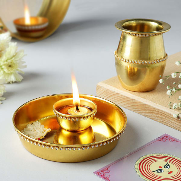 Gold Plated Pooja Thali And Brass Karwa Set