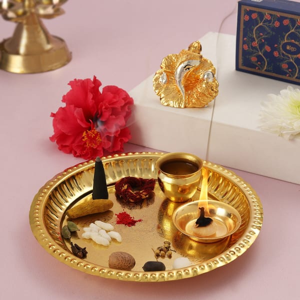 Gold Plated Puja Thali with Ganesha Idol and Puja Kit