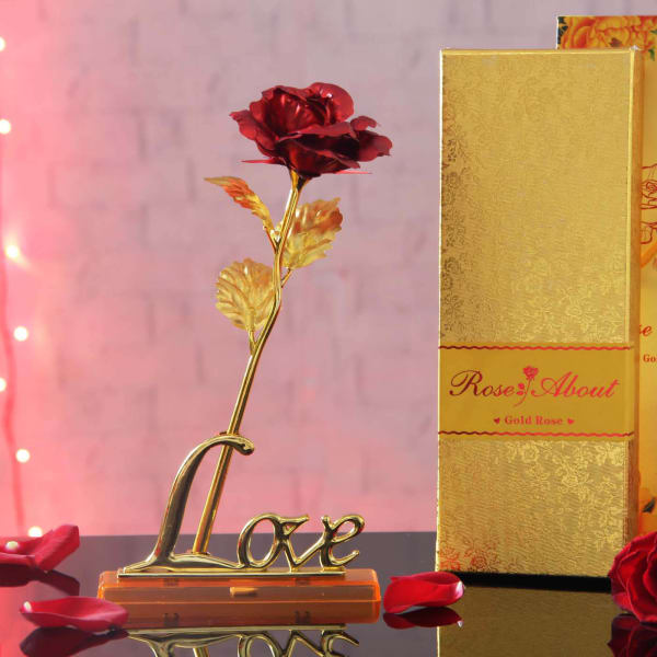 Gold Plated Rose with Red Petals and Love Showpiece