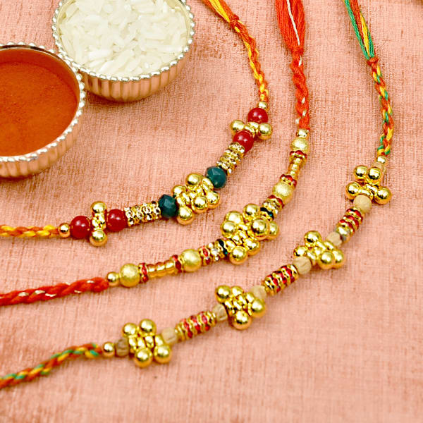 Golden Beads & Colorful Thread Rakhi Set of 3 Gift/Send Rakhi Gifts
