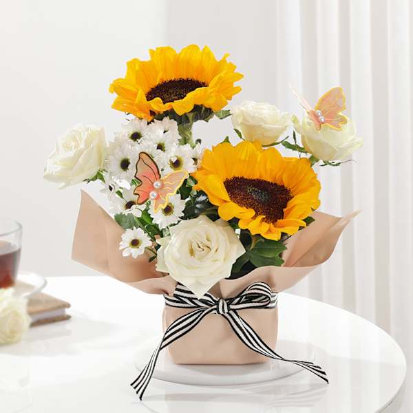 Golden Glow Sunflower And Roses Arrangement