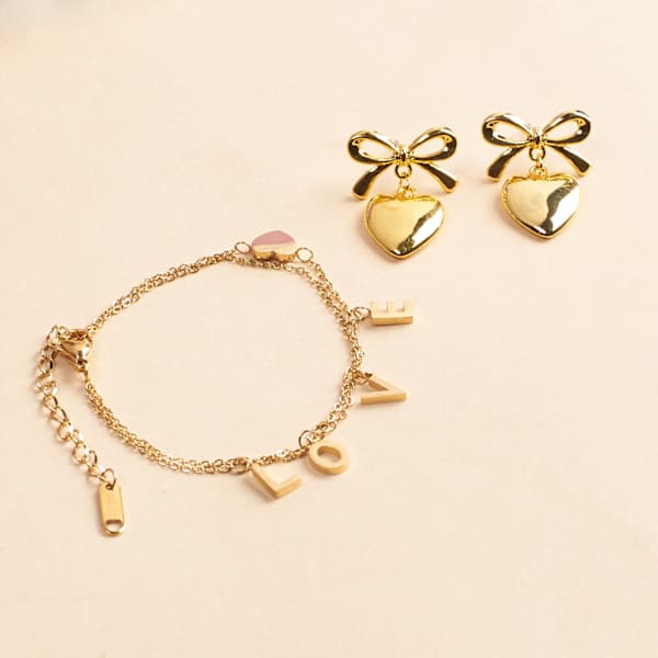 Golden Heart Bracelet And Earrings Combo For Women