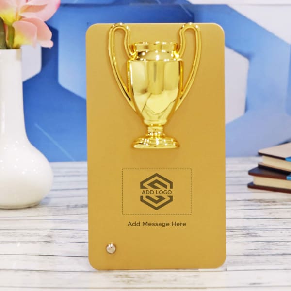 Golden Metal Table Trophy - Customize With Logo And Text