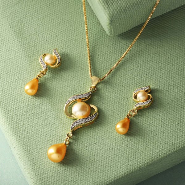 Golden Pearl and CZ Pendant and Earrings Set