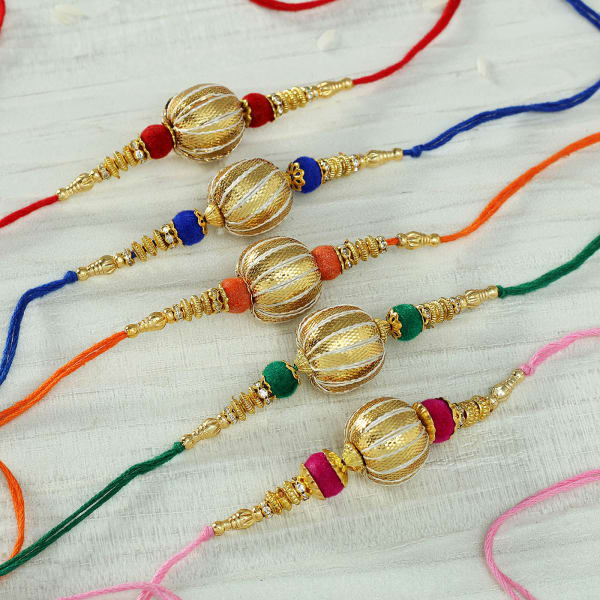 Gota Patti and Colorful Velvet Beads Rakhi Set of Five