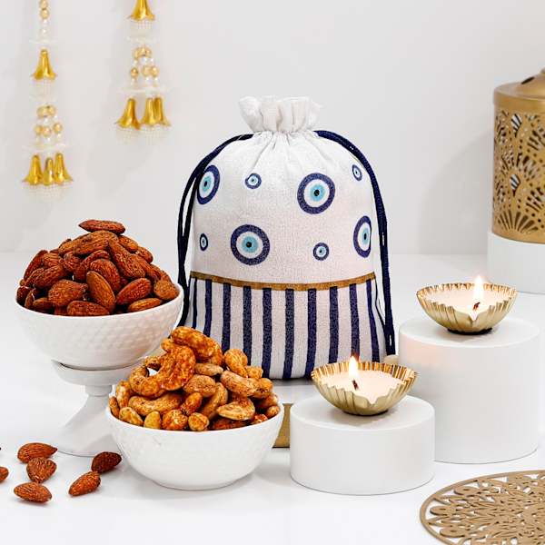 Gourmet Dry Fruits And Metal Candle Diyas Diwali Hamper