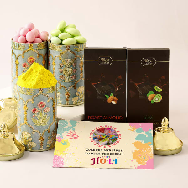 Gourmet Holi Hamper With Organic Gulaal And Personalized Card