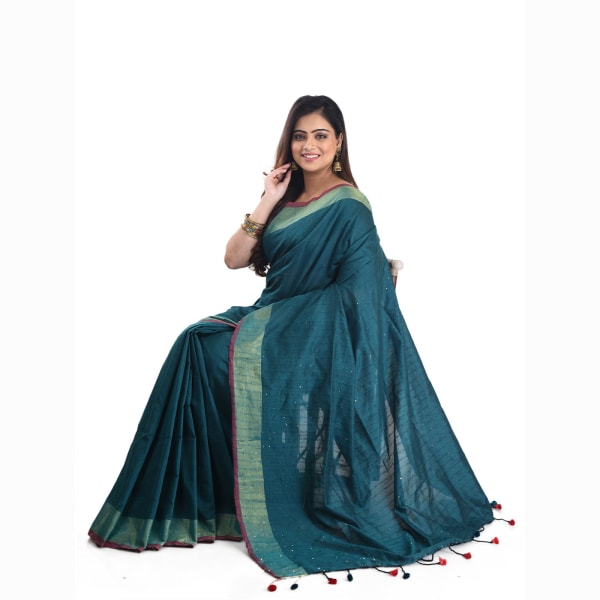 Green Khadi Cotton Handloom Saree With Sequin Pallu