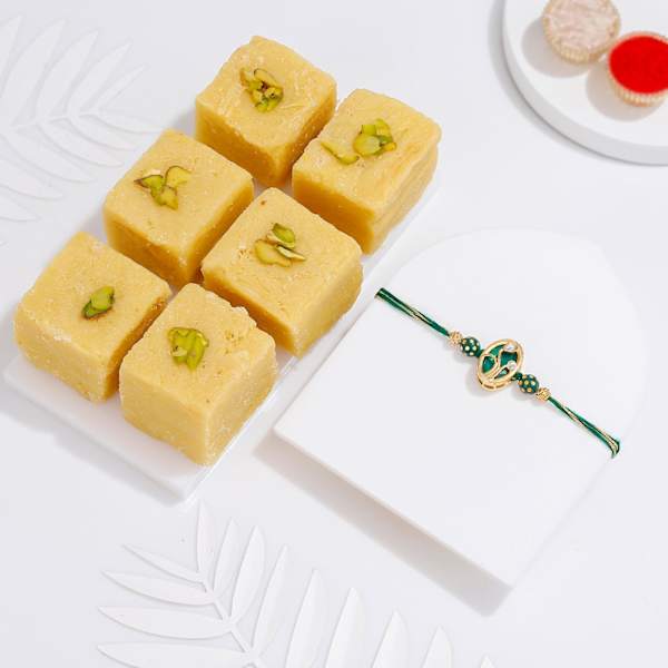 Green Meenakari Rakhi And Sweet Surprise