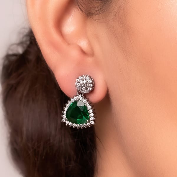 Green Stone And CZ Drop Earrings