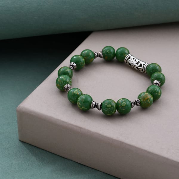 Green Stone Bracelet With Oxidized Damru Charms