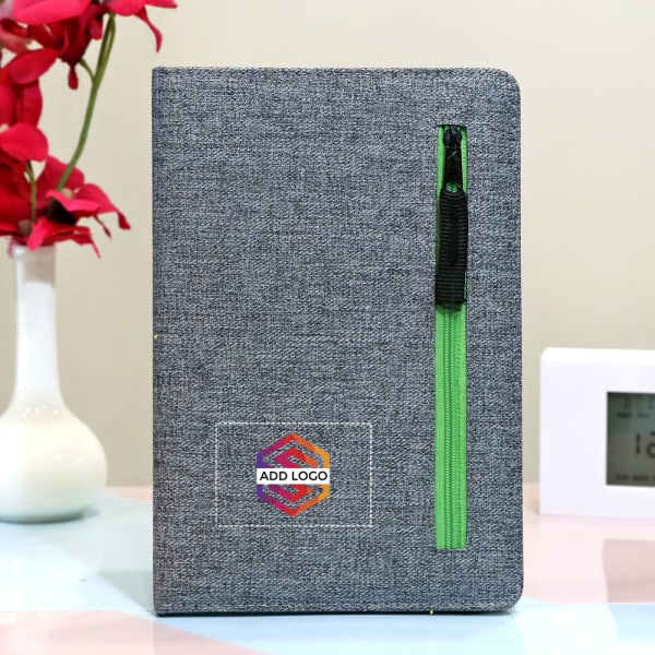 Grey Notebook with Green Zipper Pocket - Customized with Logo