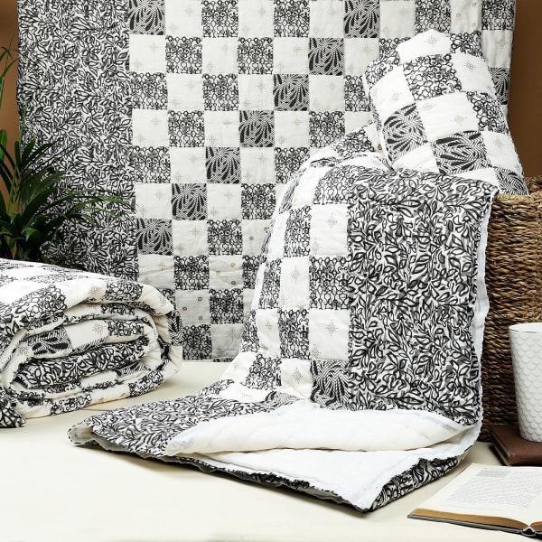 Grey Patchwork Block Print Cotton Double Bed Quilt