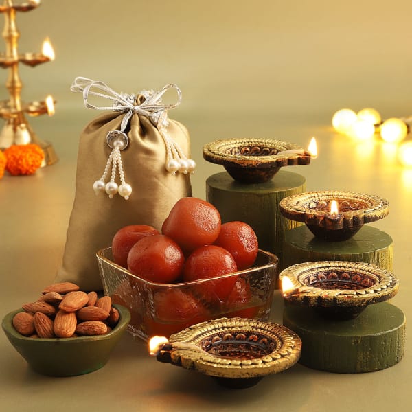 Gulab Jamun with Diwali Diya Set & Almonds