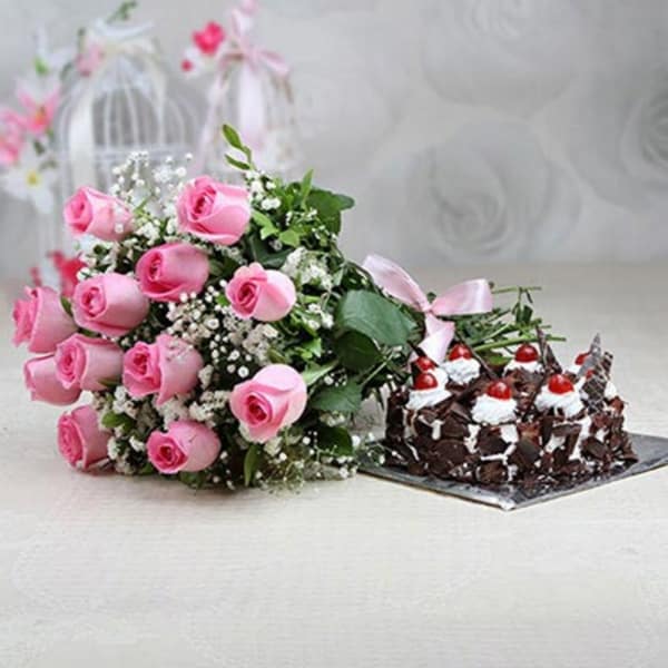 Half Kg Black Forest Cake with a Bunch of 12 Pink Roses