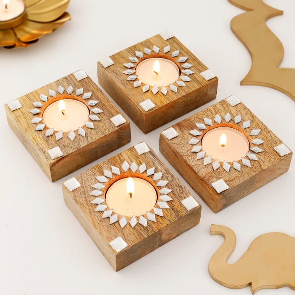 Handcrafted Wooden Tea Light Holder With Candle - Set Of 4