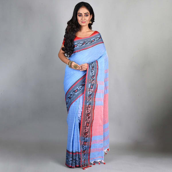 Handloom Cotton Saree With Woven Border - Blue