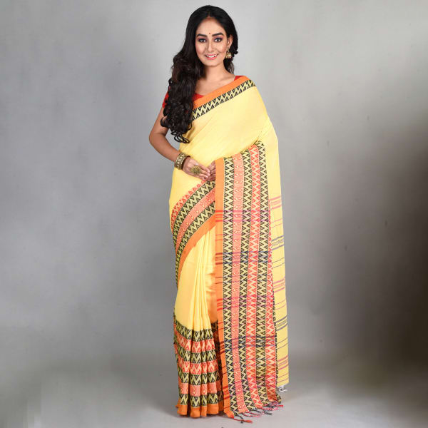 Handloom Cotton Saree With Woven Border - Light Yellow