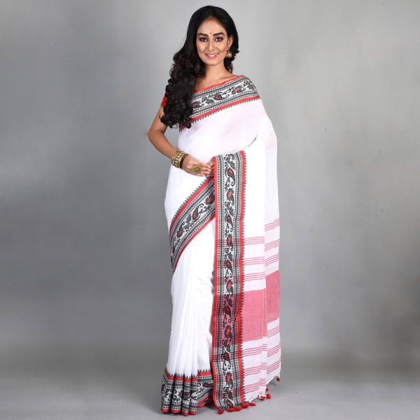 Handloom Cotton Saree With Woven Border - White