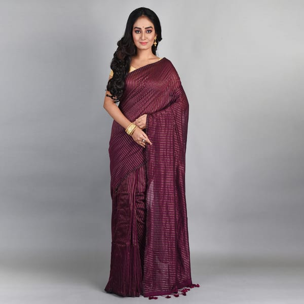 Handloom Cotton Saree With Zari Work - Purple