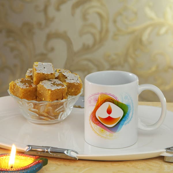 Happy Diwali Ceramic Mug with Moong Badam Barfi