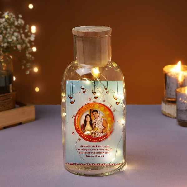 Happy Diwali Personalized LED Lights Glass Bottle