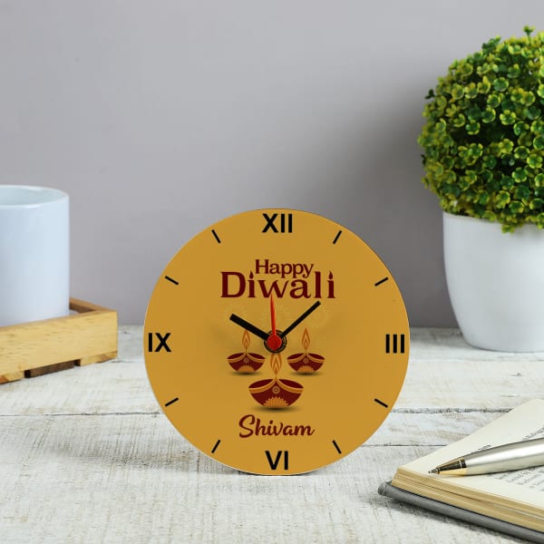 Happy Diwali Personalized Wooden Table Clock