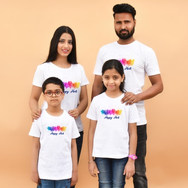 Happy Holi Cotton T-Shirt For Family - White