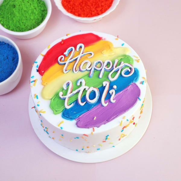 Happy Holi Fresh Cream Cake With Rainbow Icing (Half kg)